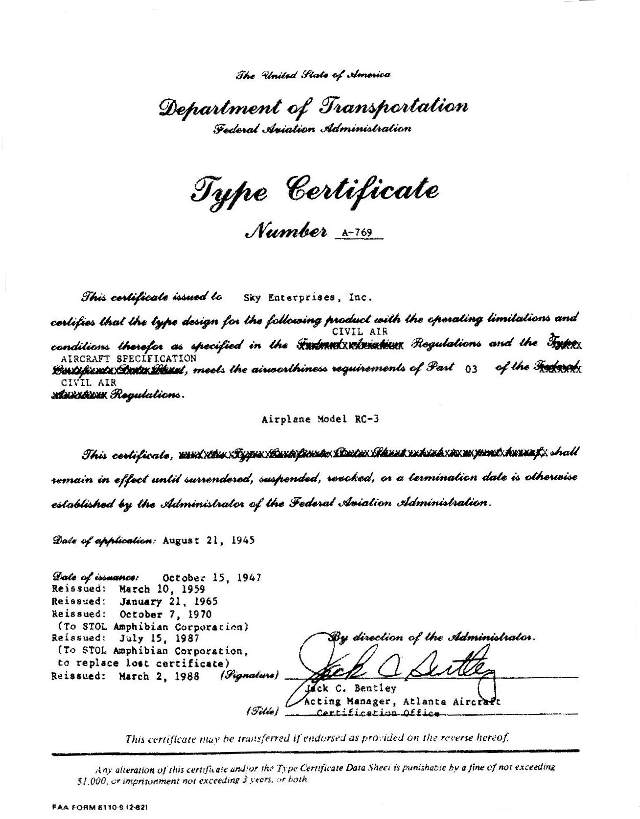 Seabee Type Certificate
